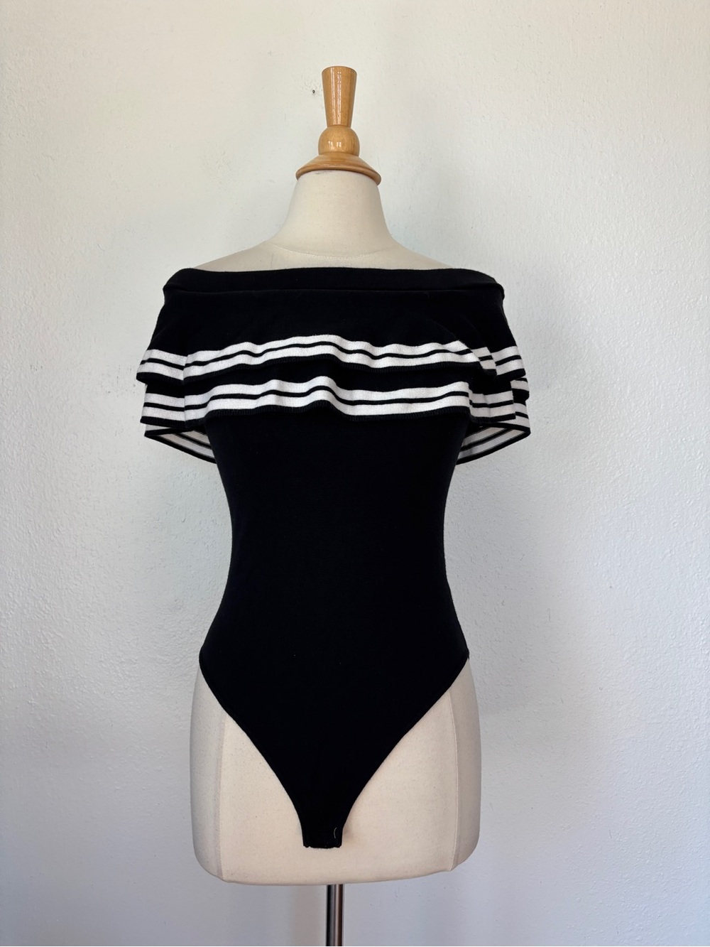 VENUS Black Off-Shoulder Striped Ruffle Bodysuit